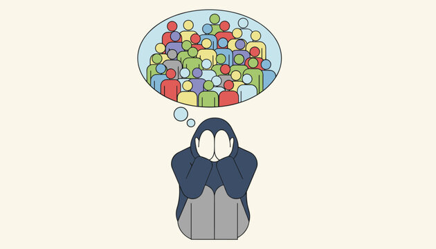 Person experiencing social anxiety and overwhelming thoughts of crowds, depicted in a flat design illustration with a colorful thought bubble.