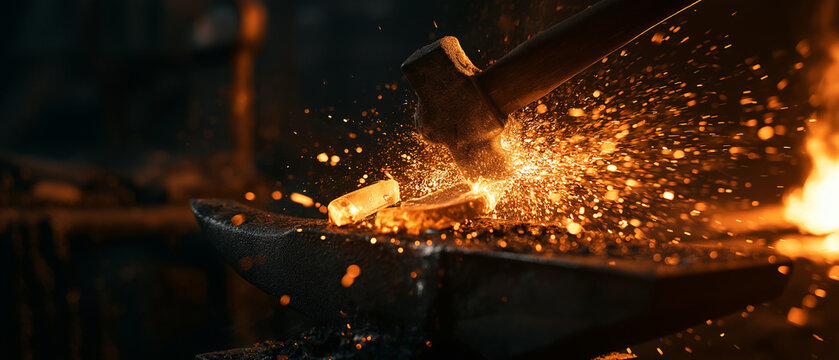 The Art of the Forge: A blacksmith's hammer strikes white-hot metal on an anvil, sending a shower of incandescent sparks flying in a dramatic display of craftsmanship and intense heat.