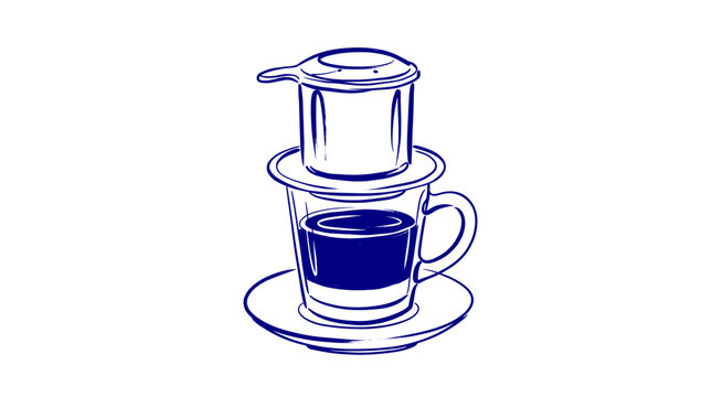 Vietnamese Coffee Drip Filter Hand Drawn Line Art, Phin Coffee Maker Sketch on White Background. ideal for cafe menus, coffee shop branding, and beverage related designs.