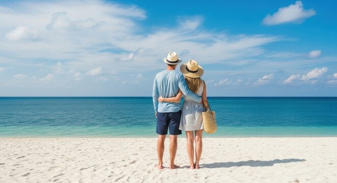 Couple standing on a tropical beach looking at the ocean