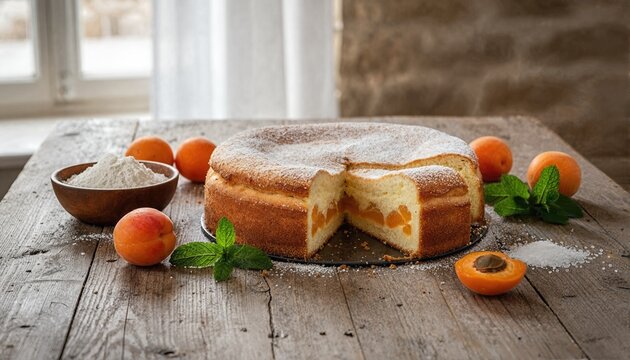 Fresh apricot cake with raw ingredients on rustic table