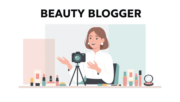 Creative beauty blogger records a professional makeup tutorial video using her camera on a tripod surrounded by cosmetics.