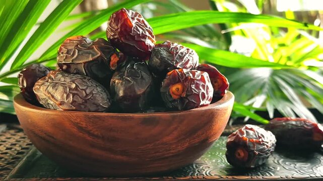Low angle horizontal camera move past date fruit in wooden bowl with palm leaf and bright sun ray