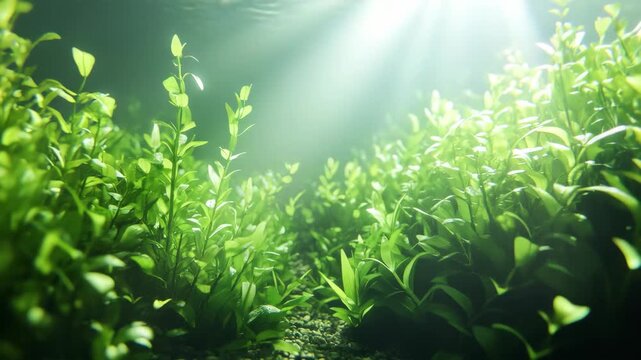 Beneath the ocean's surface, a sunlit stream guides through an underwater landscape of lush green aquatic plants. The vibrant colors and natural beauty create a stunning visual narrative.