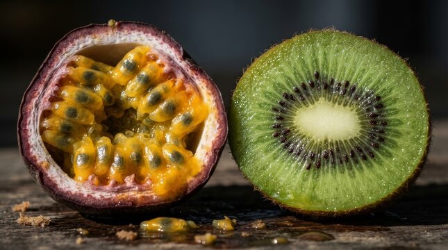 Closeup halved passionfruit and kiwi fruit side by side on wooden surface