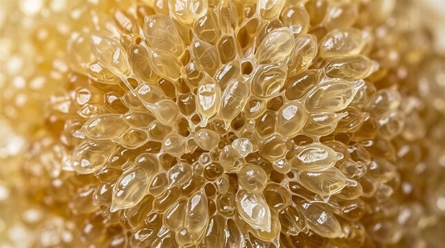 Detailed macro photography of golden pomelo pulp vesicles with natural light