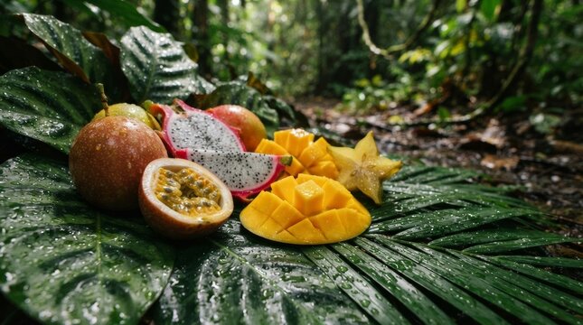 Exotic tropical fruit assortment mango dragonfruit passionfruit starfruit on palm leaves