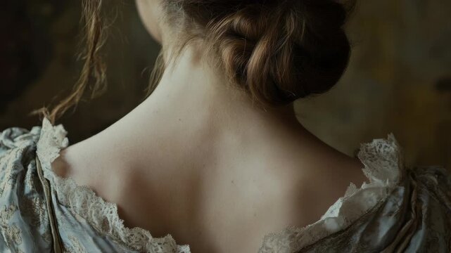 The back view of a person in period attire d in a serene indoor setting.