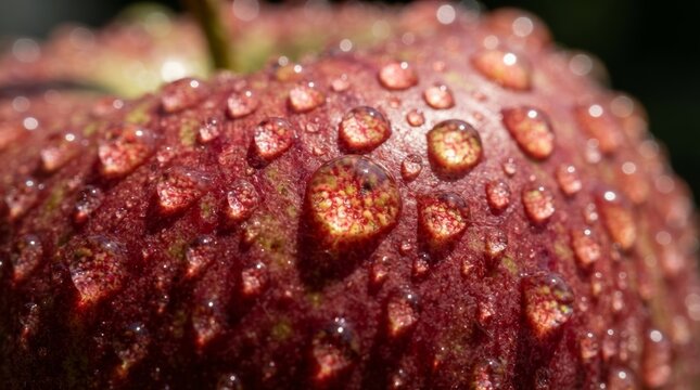 Macro closeup apple surface with sparkling water drops highlighting texture