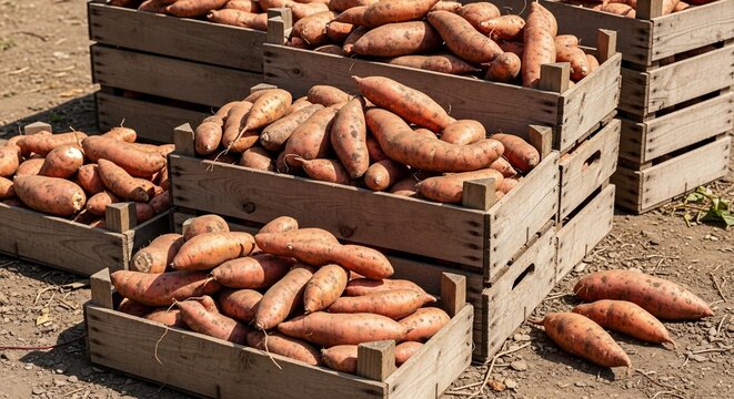 Sun-Kissed Harvest: Wooden crates brimming with earthy sweet potatoes under a golden afternoon glow.
