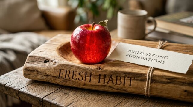 Red apple rests on a rustic wooden board with fresh habit text and a small note about building strong foundations within a warm cozy room setting ideal for healthy lifestyle and wellness marketing..
