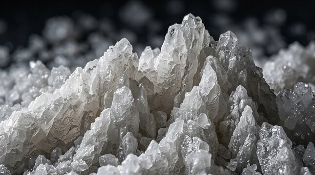 Close up of coarse white rock salt crystals with translucent mineral texture