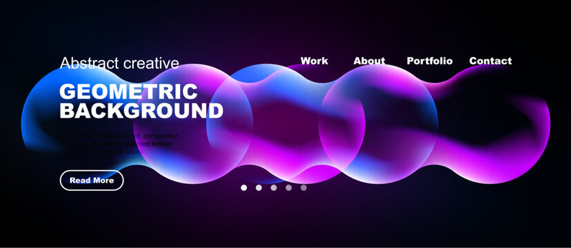 Dynamic abstract design. Vivid blue, purple waves dominate dark background. Text promotes geometric concepts, website navigation visible.