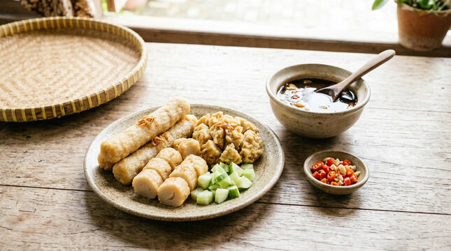 Authentic Palembang Pempek with Traditional Cuko Sauce Served on the Side &ndash; Indonesian Culinary Delicacy
