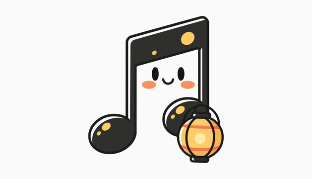 Cute blushing music note character holding a glowing lantern