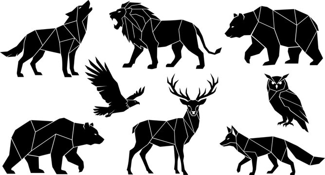 Geometric Wild Animal Silhouettes Collection: Lion, Wolf, Bear, Deer, Fox, Owl, Eagle