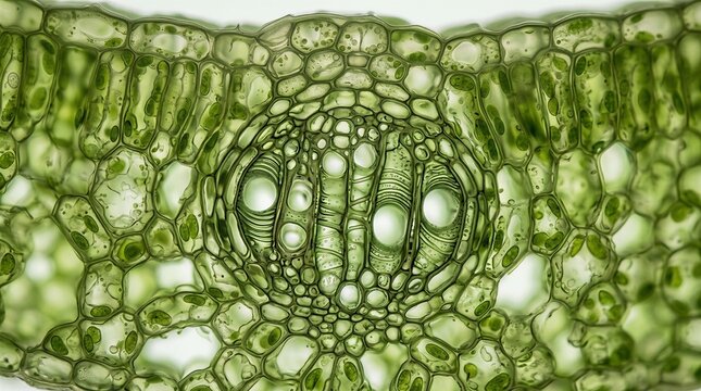 Microscope view of leaf tissue structure with green chloroplast cells and stomatal pore