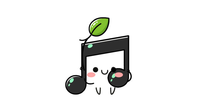 Kawaii musical note character with pink cheeks and green leaf