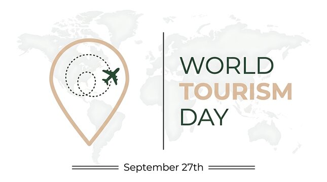 World tourism day banner with map pin icon, airplane and flight path on world map background