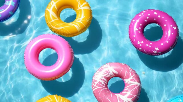 A collection of vibrant donut-shaped pool rings floating on the surface of calm blue water.
