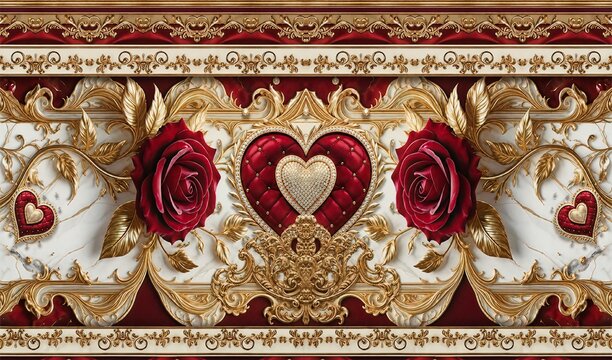 Romantic Red Heart and Red Roses Quilted Luxury Border Wallpaper