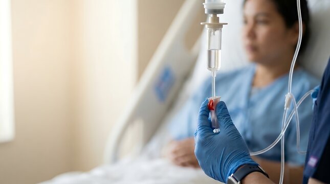 Nurse adjusting IV drip for patient. Medical professional regulating saline infusion.