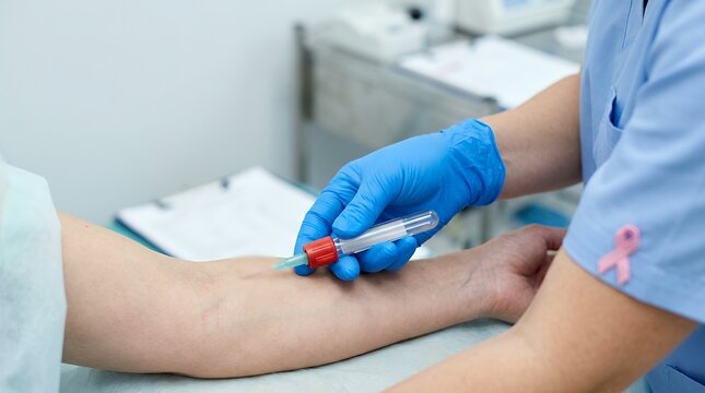 Nurse taking blood sample from patient. Medical professional performing venipuncture.