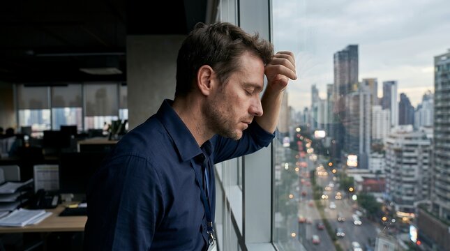Stressed businessman leaning on office window. Tired man suffering from burnout at work.