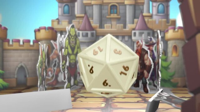 A DnD style intro with a stylized game board. A d20 cube rolls out onto the square and the number 15 appears.