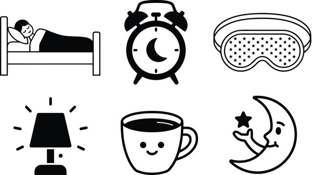 Conjunto de im&aacute;genes relacionadas con el sue&ntilde;o y la hora de dormir con personas, relojes y luna