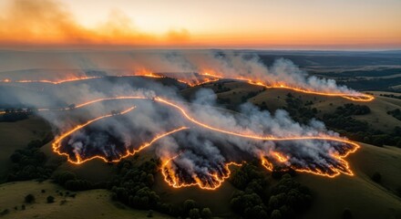 Fototapeta premium Aerial view of a powerful wildfire burning across a vast landscape at sunset, with intense flames and smoke rising.