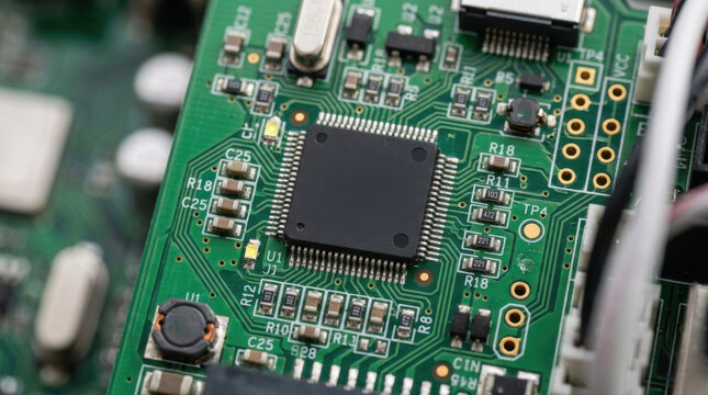 Circuit board electronic technology microchip component green closeup high resolution detail hardware high resolution closeup green circuit board with electronic microchip component and cable