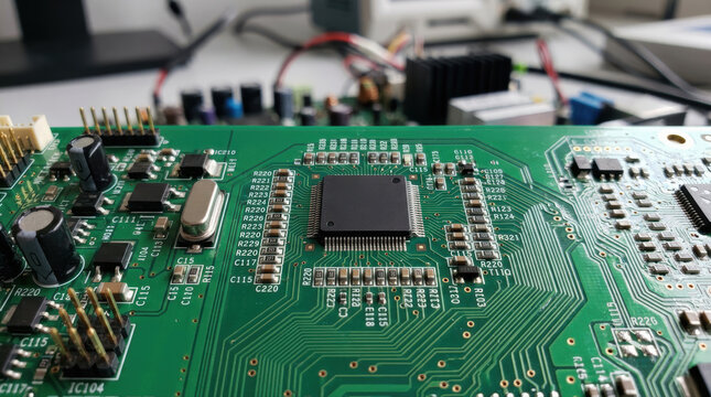 Close up electronic circuit board microchip high fidelity green technology close up electronic circuit board microchip high fidelity green technology focus central processor modern pcb detail