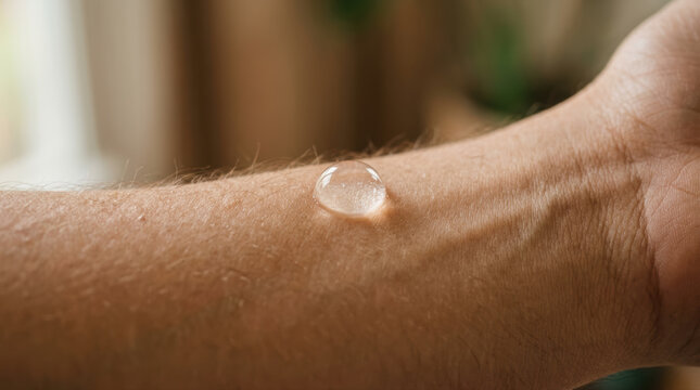 Water droplet human skin arm close up texture hydration macro natural moisture detail Water droplet resting human arm skin soft natural light, close up macro view highlighting texture, hydration