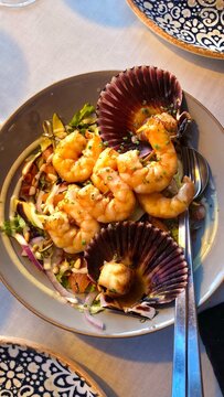 warm shrimp and scallop tempura salad, gourmet presentation