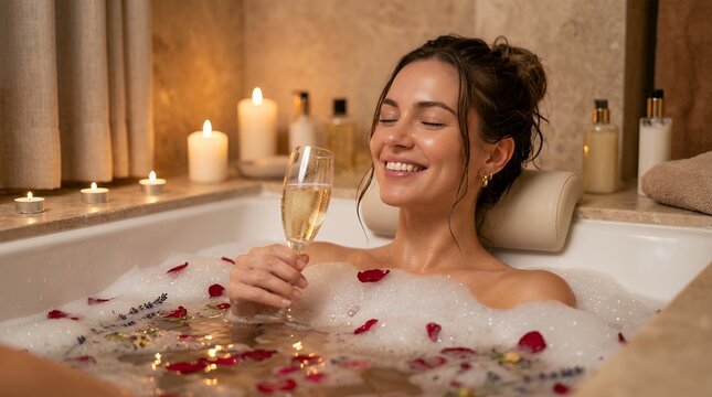 Woman relaxing in luxury spa bath. Female enjoying champagne and self care at home.
