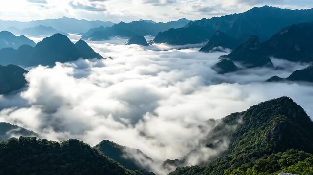 Panoramic view of natural scenery of mountains and sea of clouds, beautiful scenery of mountains surrounded by sea of clouds