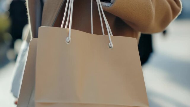 A person with hands full of brown paper bags from a store or market