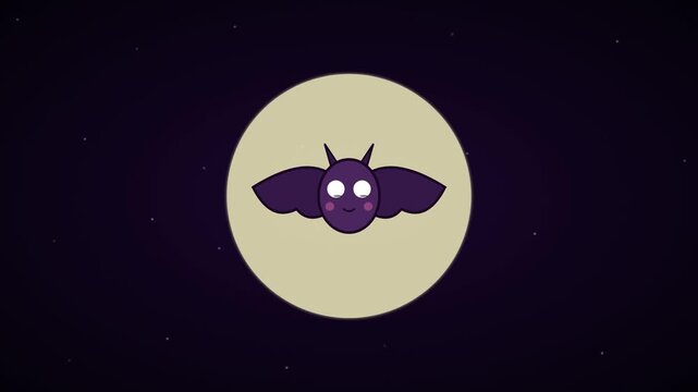 Cute cartoon bat flying in front of a full moon at night.