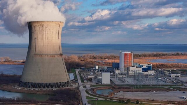Close up of Davis-Besse nuclear power plant cooling tower on the coast of Lake Erie in Oak Harbor, Ohio