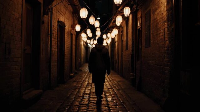 Nighttime Walk Through a Narrow Alley Illuminated by Vintage Lanterns.