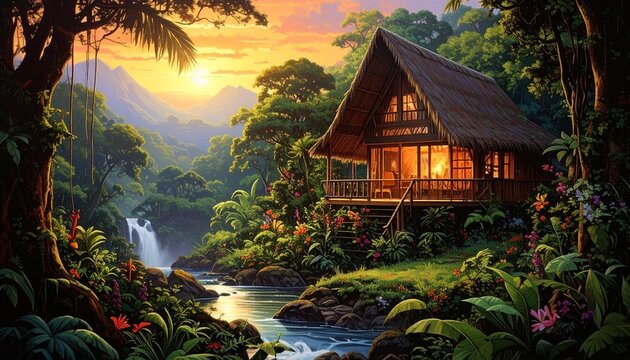 Tropical Cabin by Waterfall in Lush Forest at Sunset.