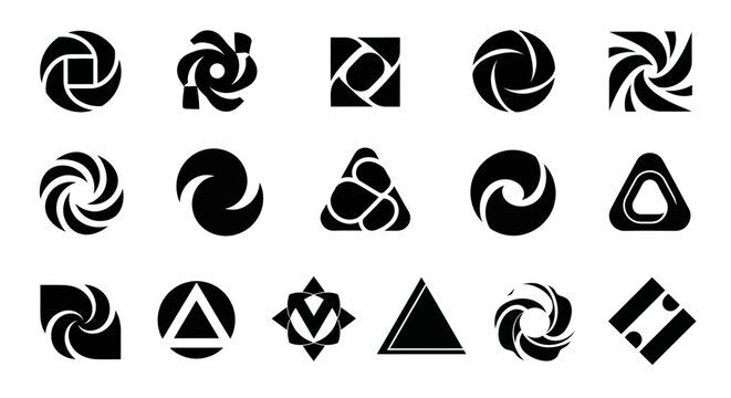 Collection of modern abstract black with arranged three rows plain white background abstract logos minimalist triangle graphic design symbol