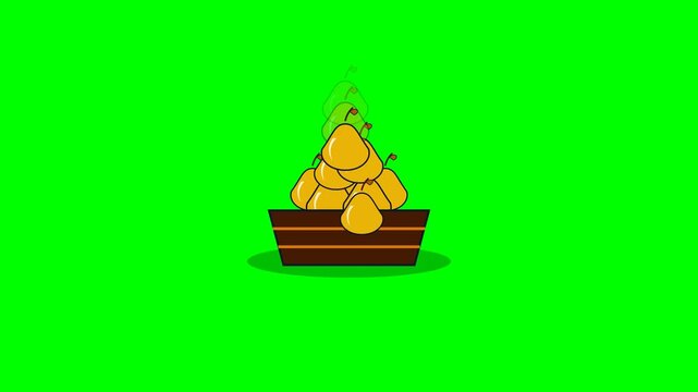 Animated cartoon wooden crate filled with fresh yellow pears on green background.