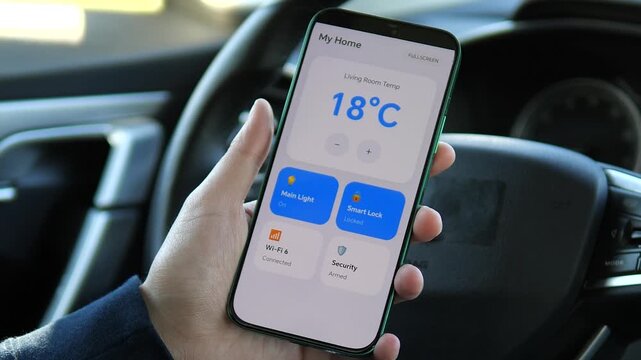Remote home security and climate control from a car. App shows main light on, smart lock locked, Wi-Fi 6 connected, and security armed. Ideal for smart security systems, connected home tech, 