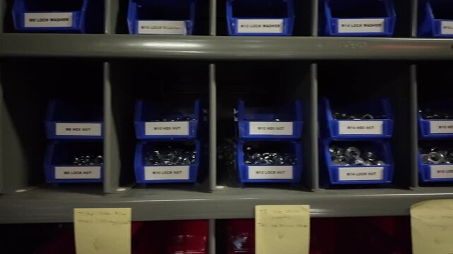 Close up of nuts and bolts in blue bins in industrial shop