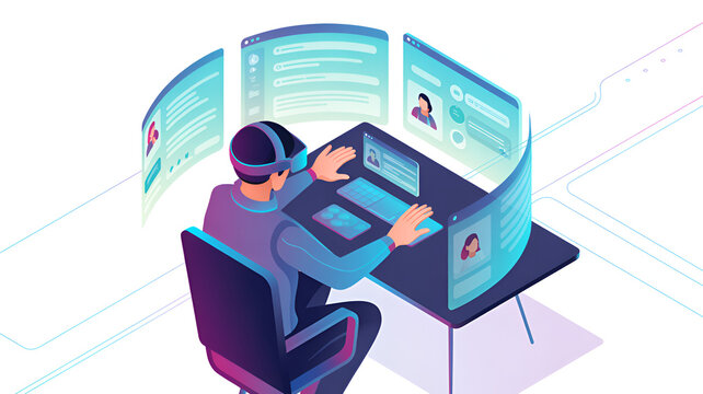 Digital developer wearing modern virtual reality headset while working with immersive holographic data interfaces on a sleek dark desk setup in this vibrant isometric style high resolution vector illu