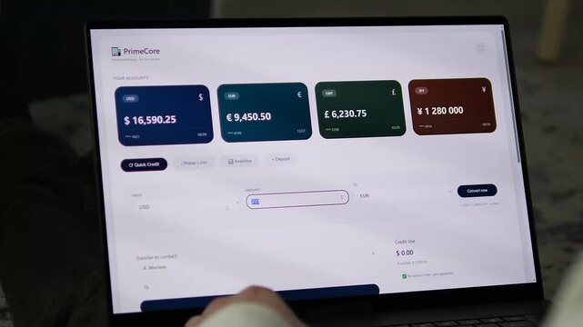 Online banking dashboard for multi-currency exchange. User inputs 200 USD to convert to EUR and receives a successful transaction popup. Perfect for fintech apps, platforms, and digital wealth m
