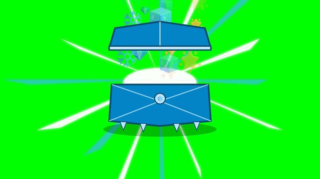 Animated Blue Treasure Chest Opening with Magical Light Effects on Green Screen.