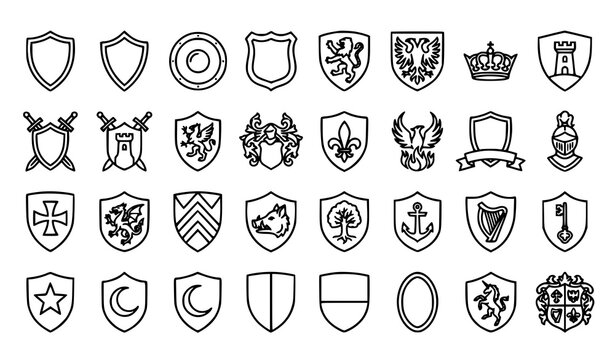 Set of various medieval heraldic shields with different symbols and icons in a simple black line art style